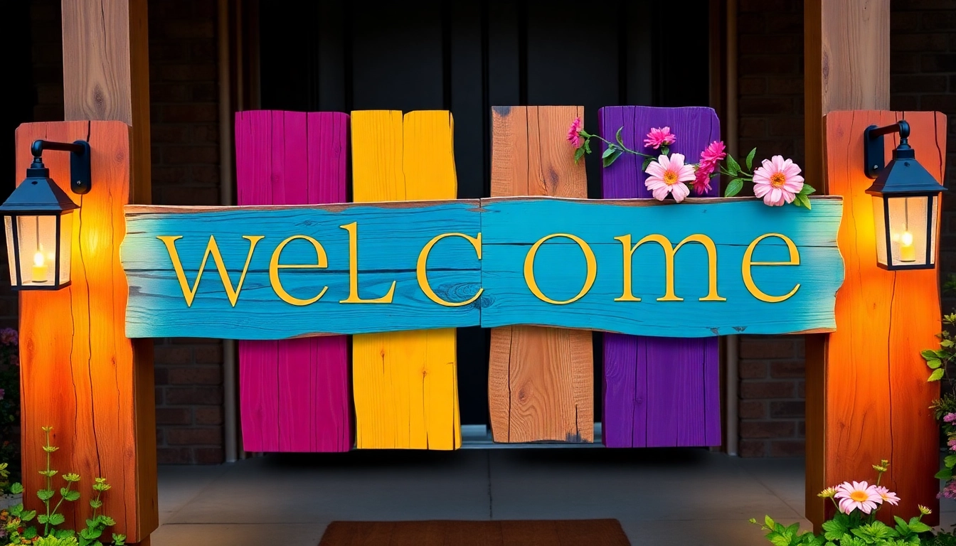 Vivid welcome signs on a front porch with rustic wood elements inviting guests warmly and adding charm to outdoor decor.