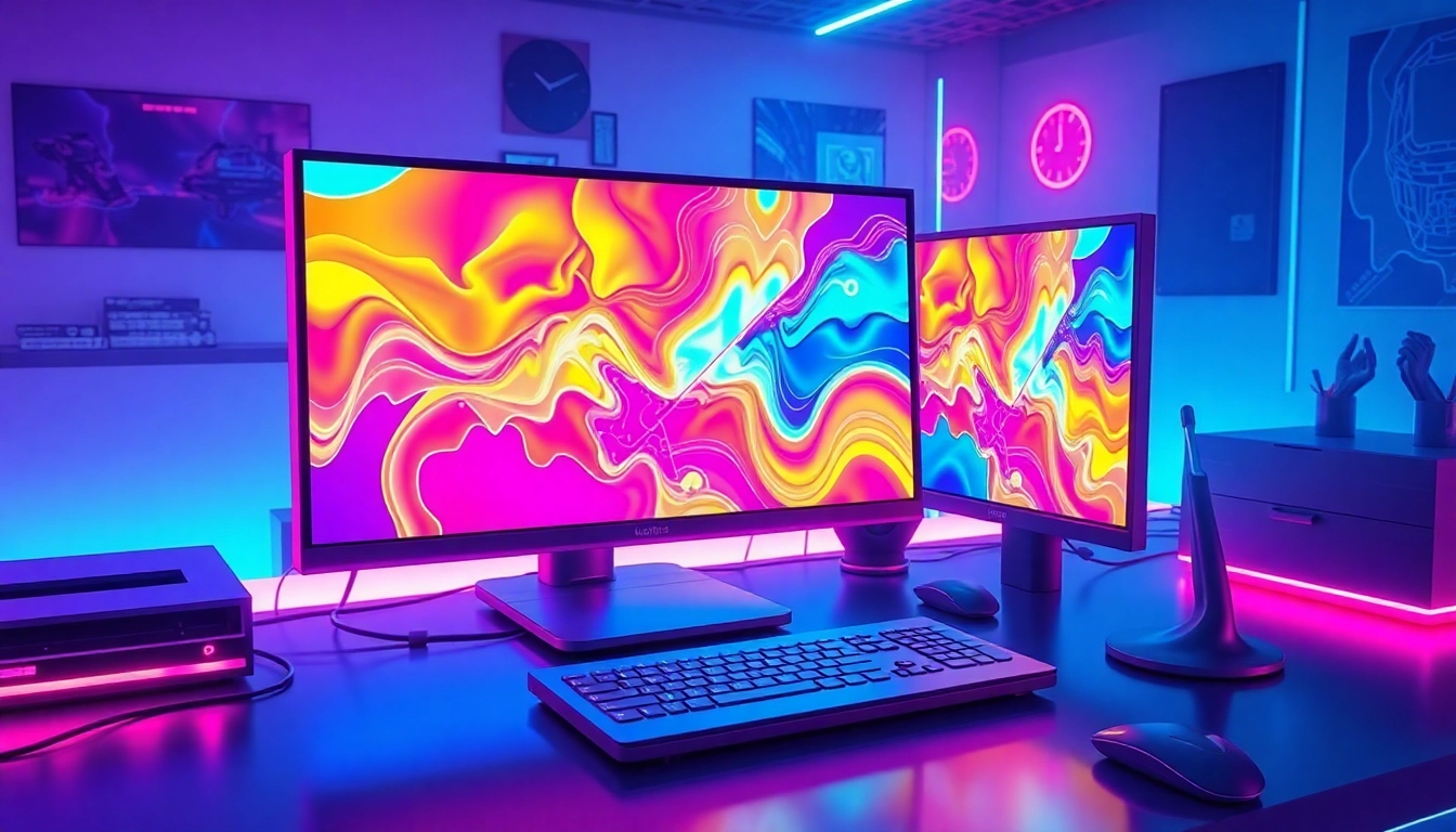 Futuristic workspace with neon-lit computer screens displaying AI-generated images, with a cyberpunk ambiance.