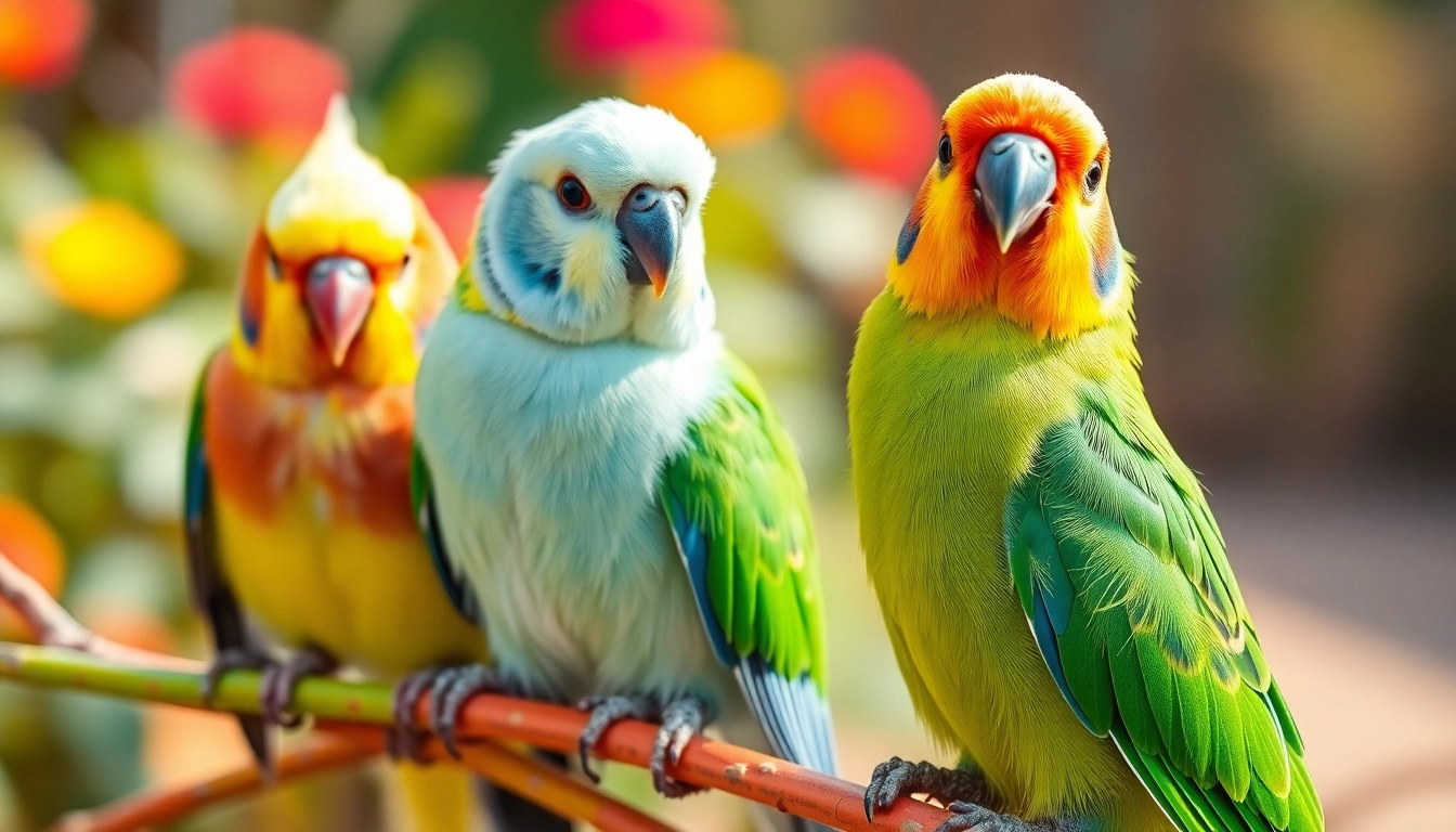 Bright, cheerful pet birds such as cockatiels and budgies sitting on branches, showcasing their colorful plumage and playful behavior for bird lovers.