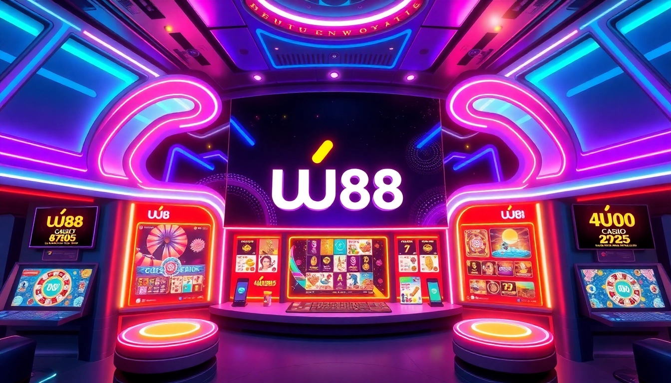 Engaging visual of UU88 online casino platform with bright graphics and gaming features, highlighting brand identity and user appeal for accessibility and screen readers.