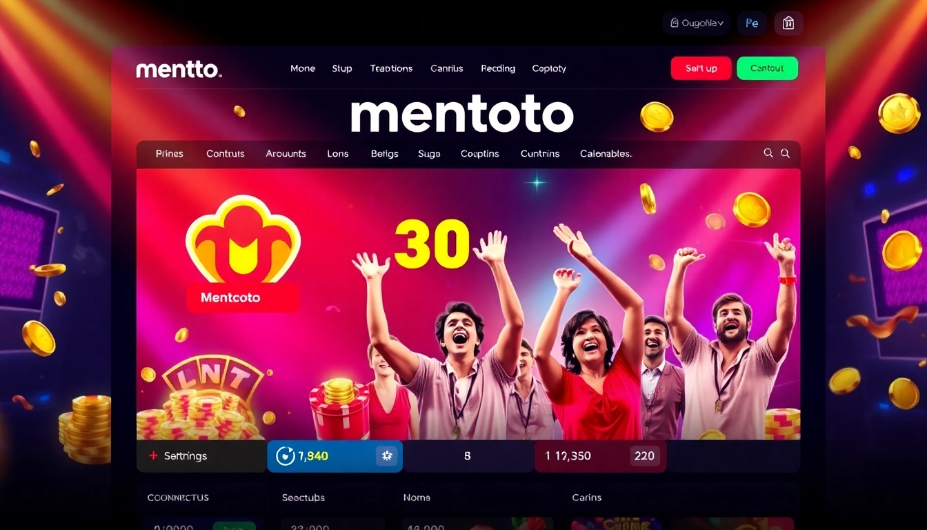 Mentoto platform with colorful jackpot symbols, excited players, and clear navigation for trusted online slot and togel gaming in Indonesia.