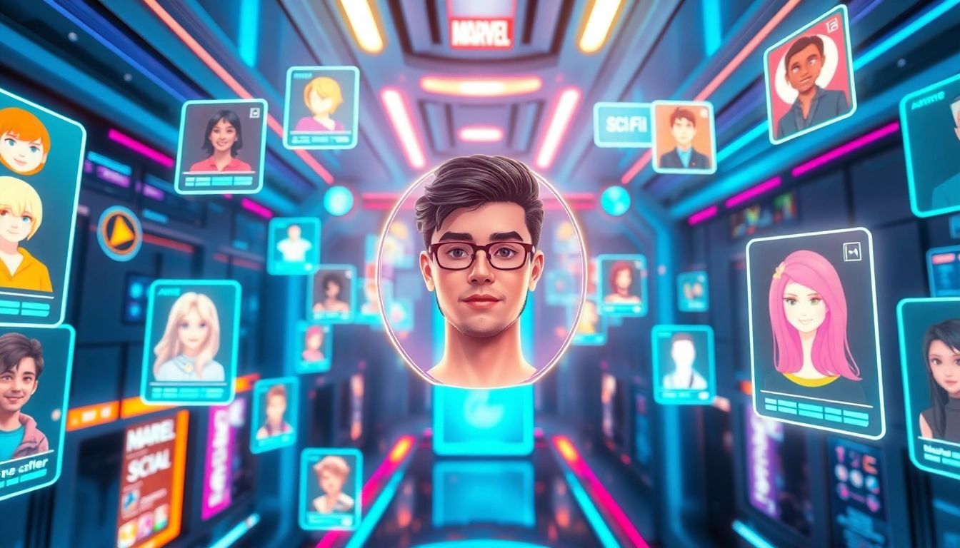 Futuristic virtual social media scene with avatars, fandom icons, and holographic profiles in vibrant colors