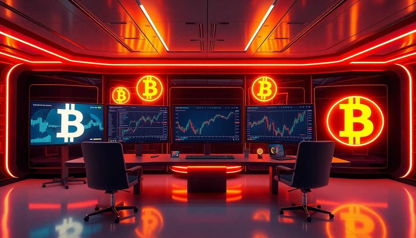 Bitcoin trader analyzing market charts at a modern high-tech trading desk with bitcoin symbols