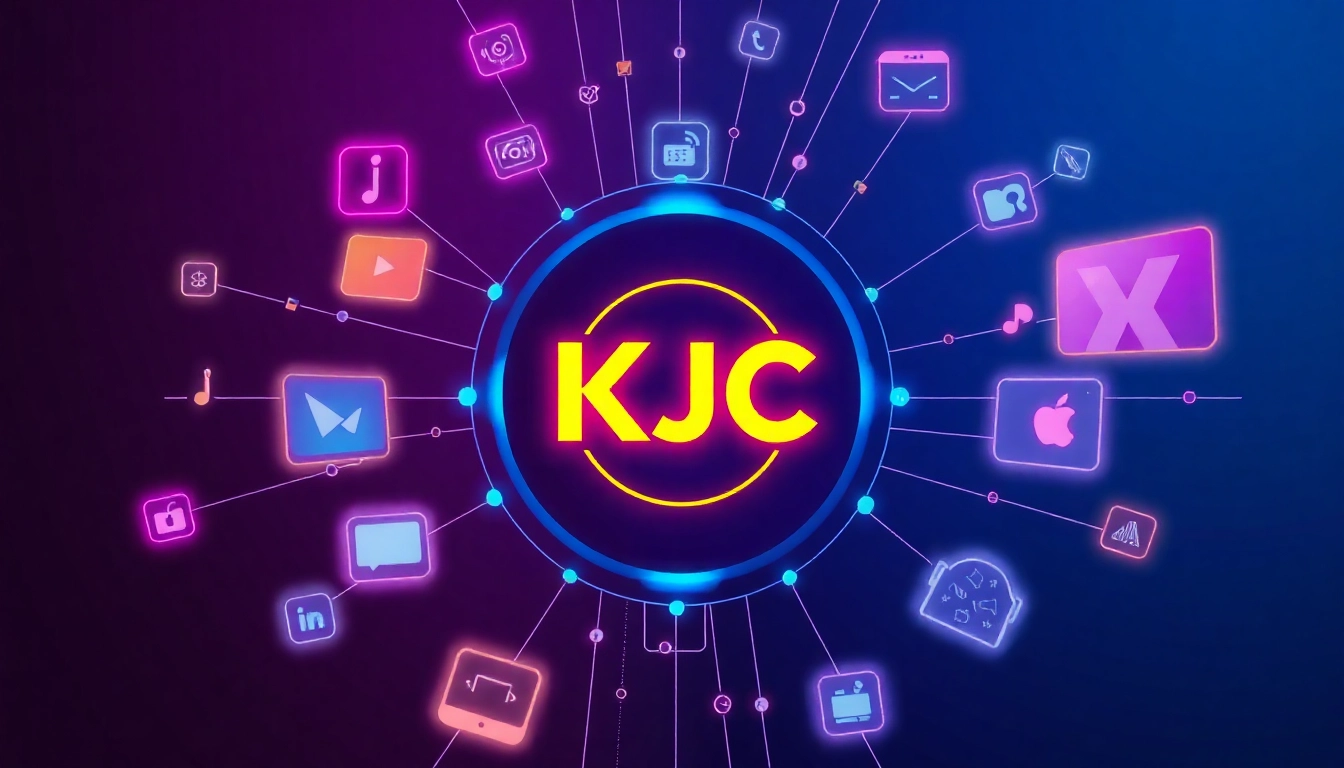 KJC branding appearing on a computer screen with global interconnected gaming and entertainment