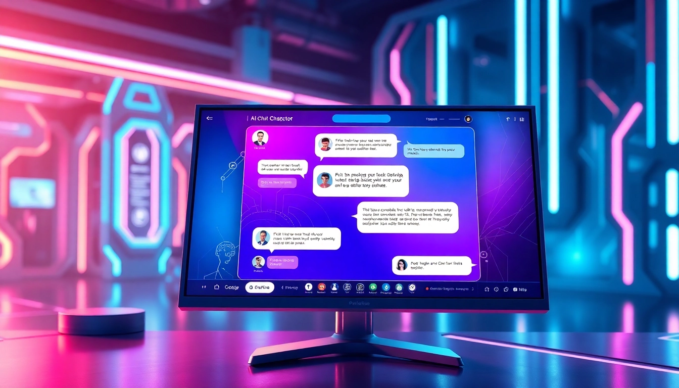 An illustration of a futuristic chat interface with a user engaging with a customizable AI character on a sleek screen, featuring vibrant colors and a high-tech environment.