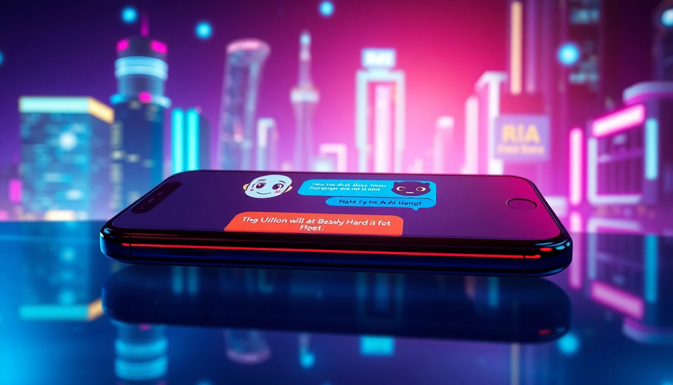Futuristic smartphone displaying a colorful AI chat conversation with neon city background