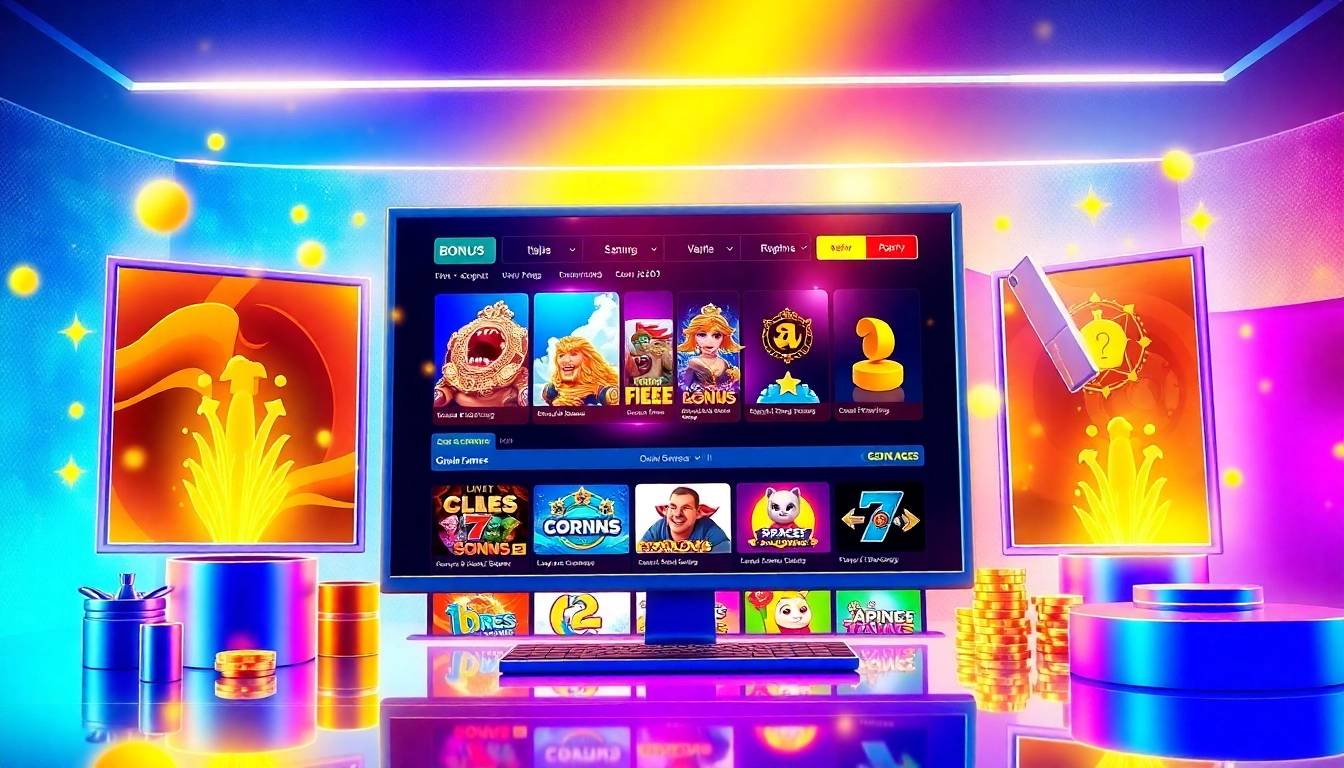 A colorful online gaming platform homepage with game icons, bonuses, and promotional banners