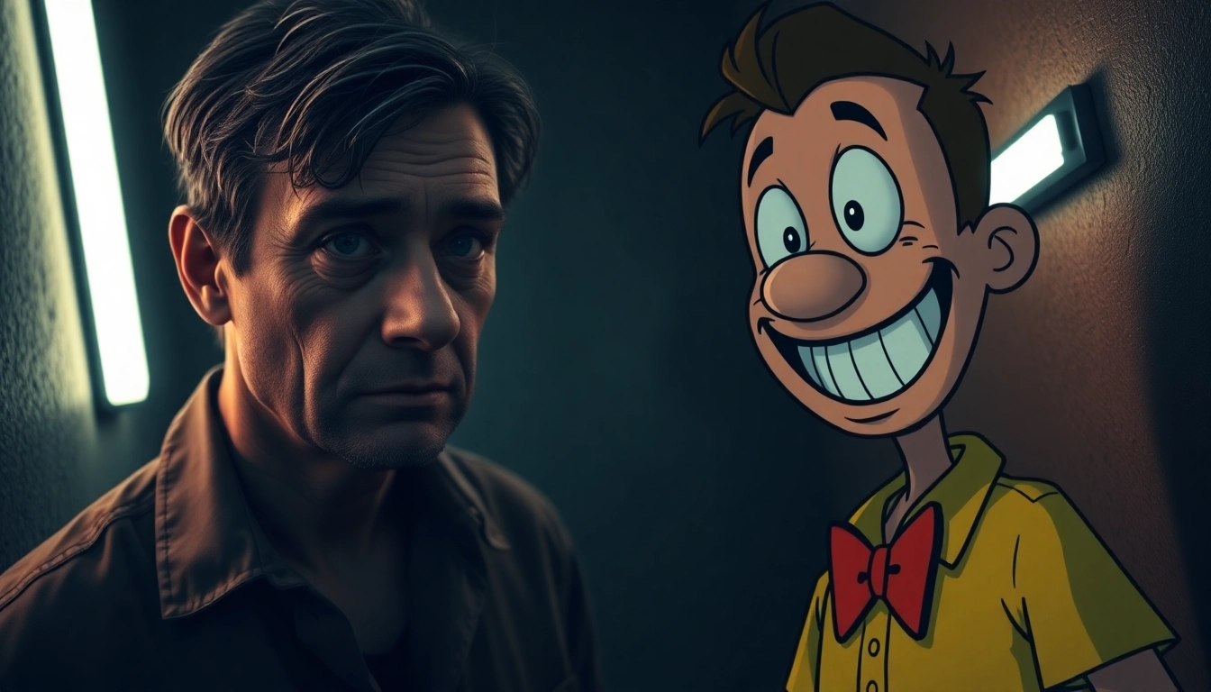 A distressed man clicking on a cheerful character named Harvey in a dark, tense room, illustrating moral conflict in a psychological horror setting.