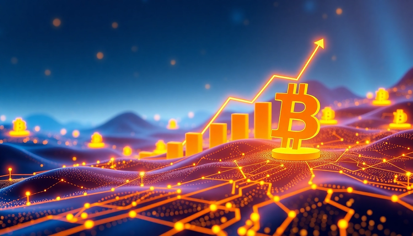 Bitcoin mining operation with advanced servers and blockchain graphics highlighting
