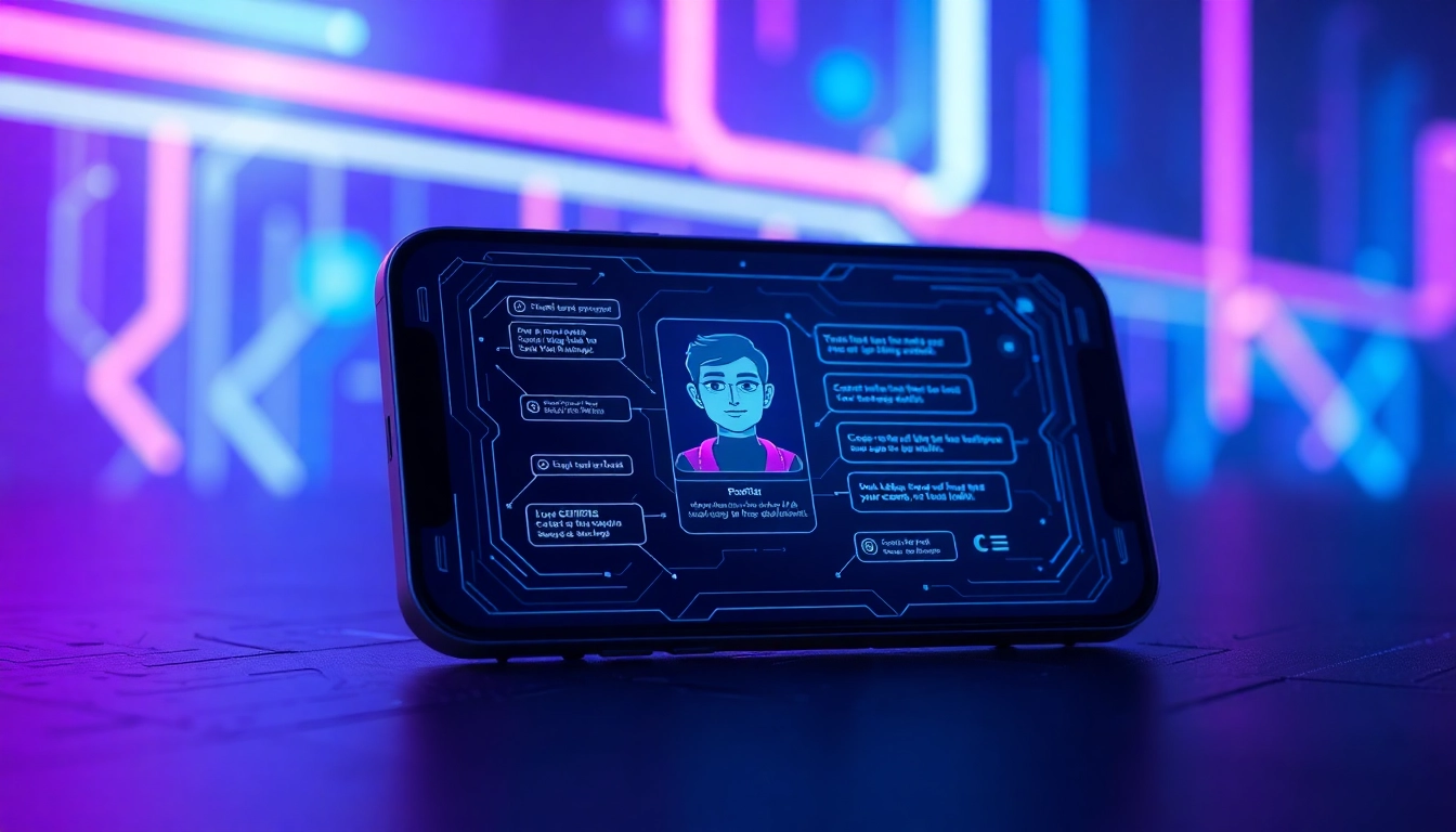 An advanced AI chatbot interface on a digital device with neon lights and holographic conversation bubbles in a futuristic setting.