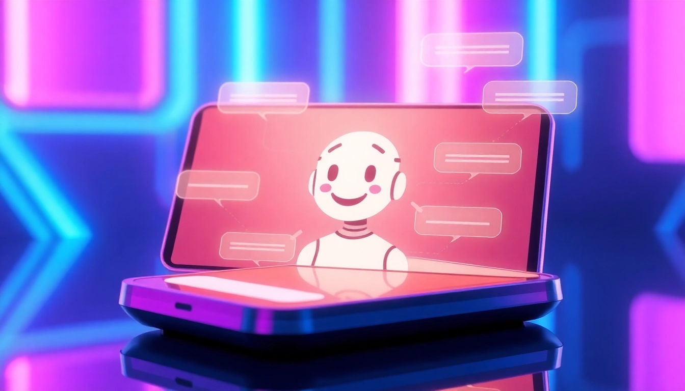 Futuristic AI chatbot interface on a high-tech device with holographic elements and neon colors.