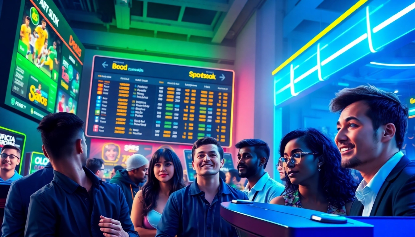 Digital illustration of an online sportsbook and casino platform with vibrant colors and energetic atmosphere.