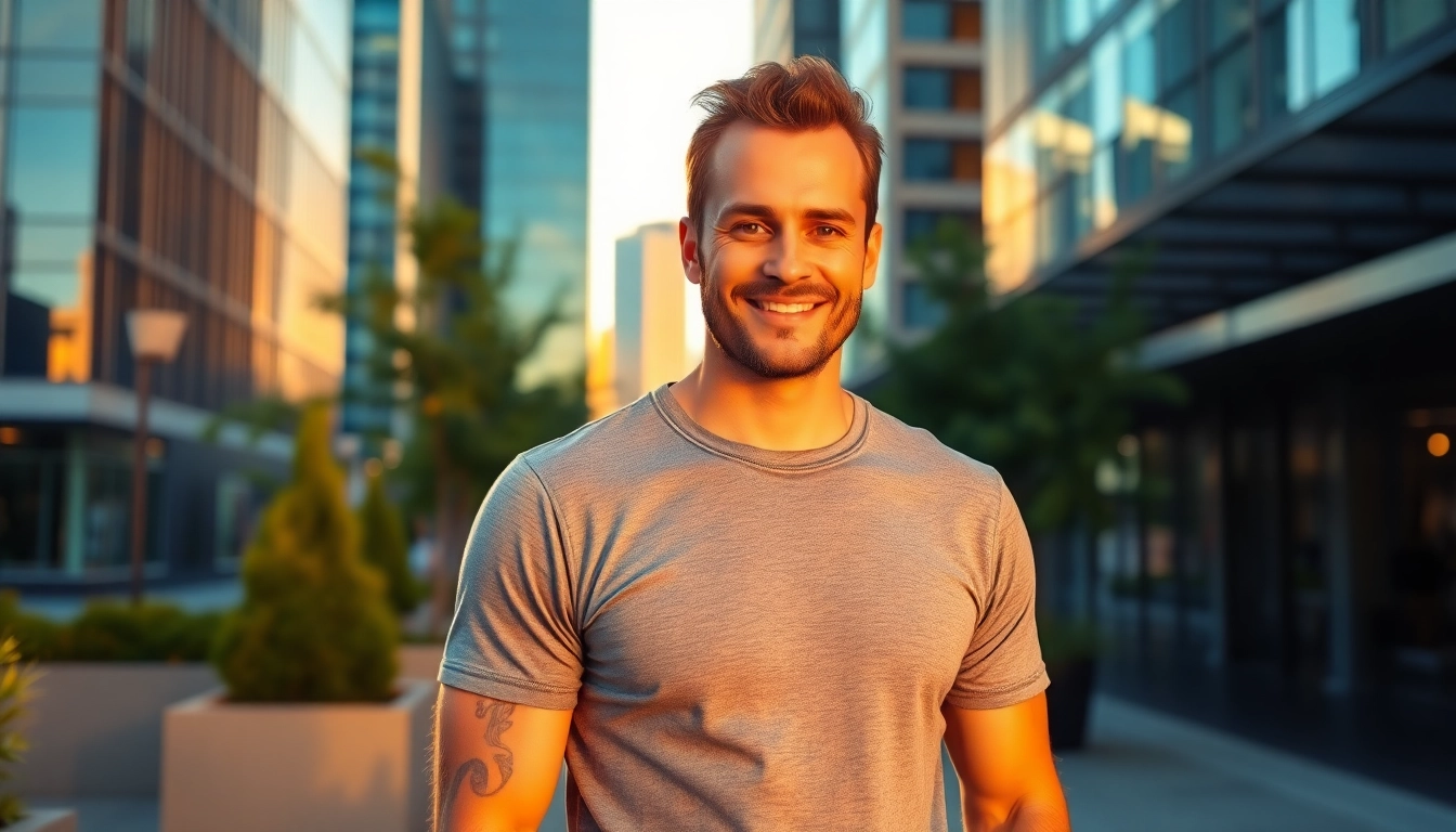 Adult male with confident demeanor in urban setting during golden hour