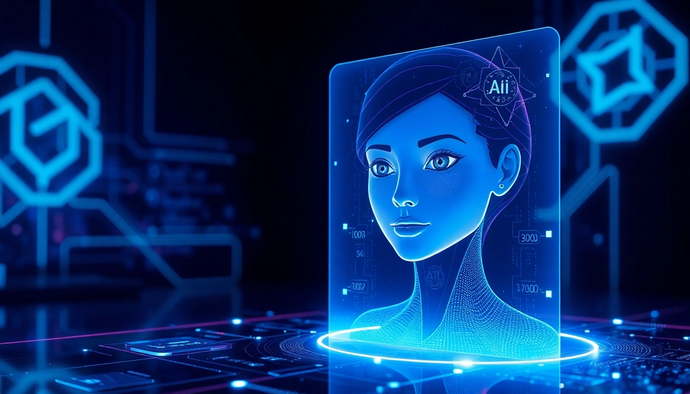 Futuristic AI interface with a holographic female character and neon digital elements