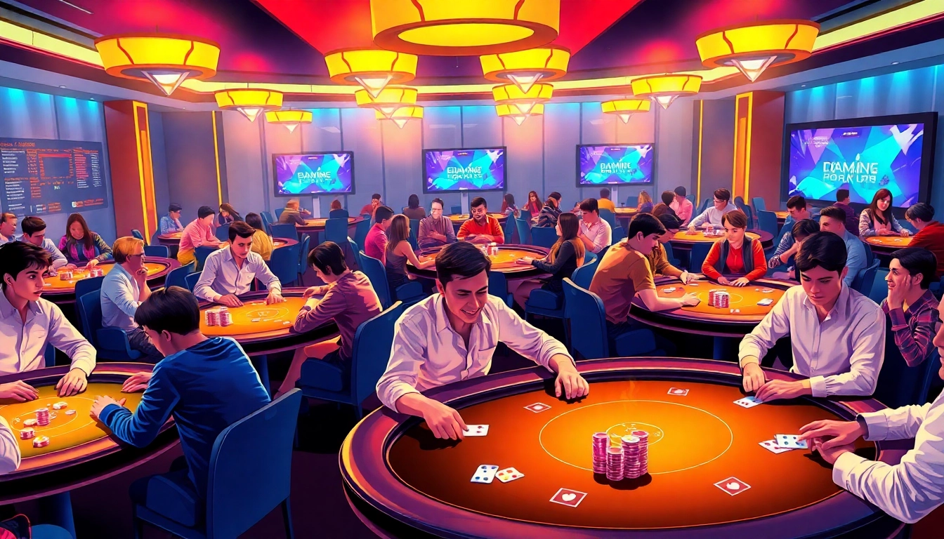 Best pokerbros clubs featuring lively online poker games with diverse players and glowing chips in a modern setting.