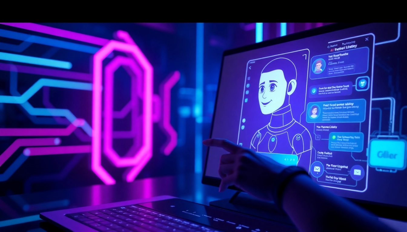 Futuristic AI chatbot interface with holographic elements and a user interacting with a digital avatar in a high-tech environment.