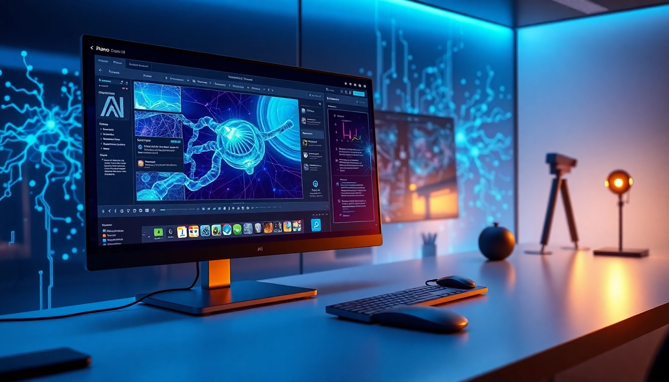 Futuristic digital workspace with advanced AI image editing interface on a monitor, glowing with vibrant colors and high-tech details.