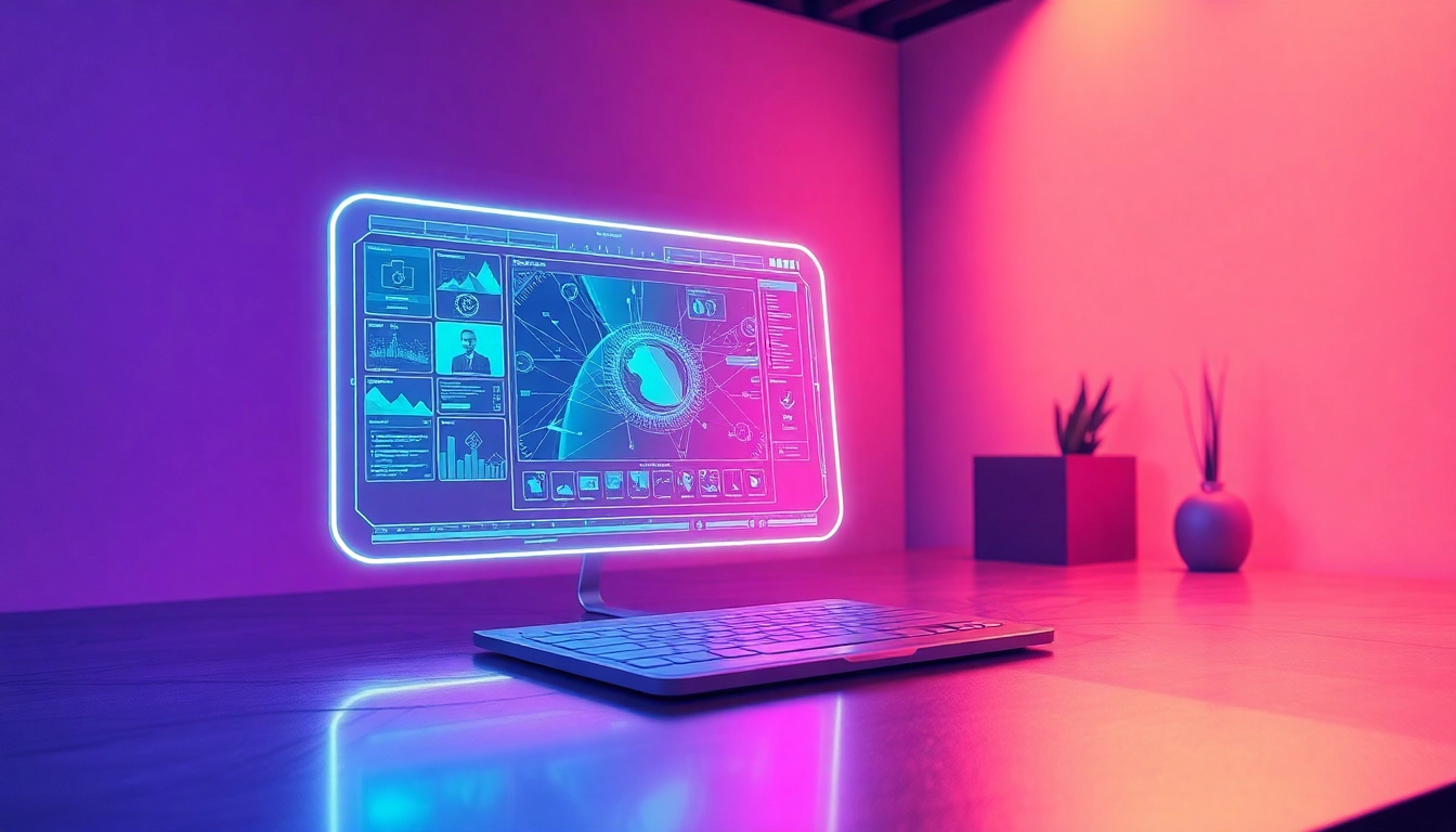 Futuristic AI interface with holographic image editing tools in a modern workspace.