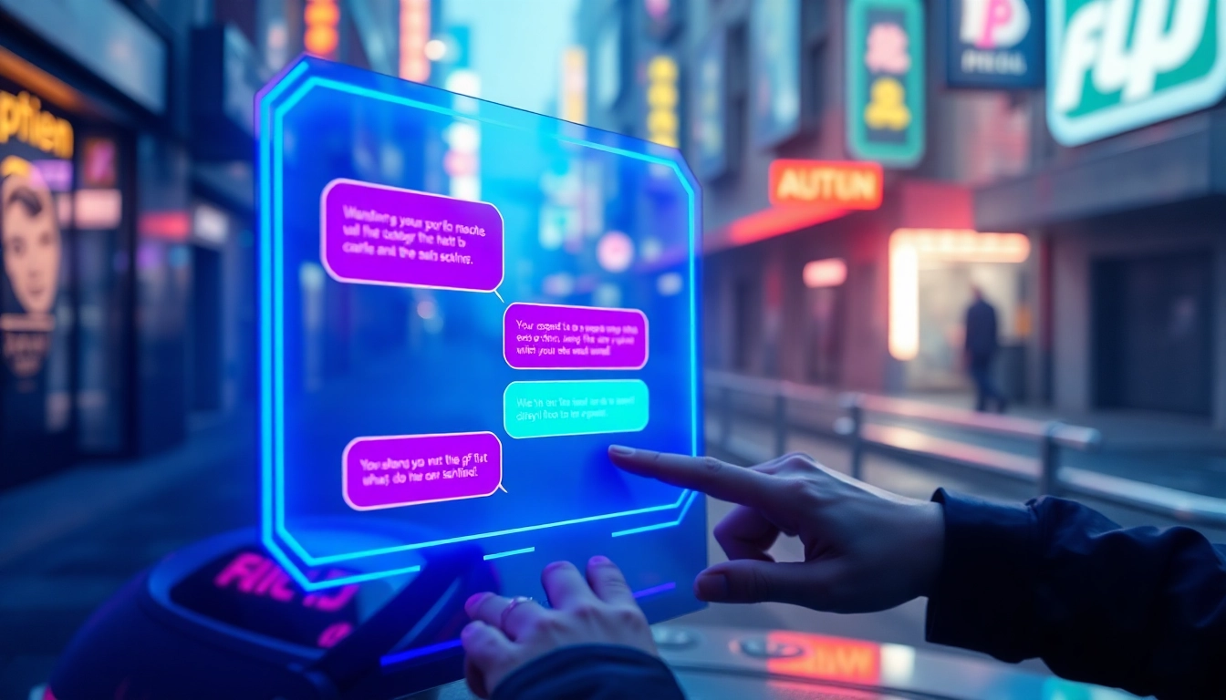 Futuristic AI chatbot interface displayed on a high-tech screen with neon cityscape in the background.