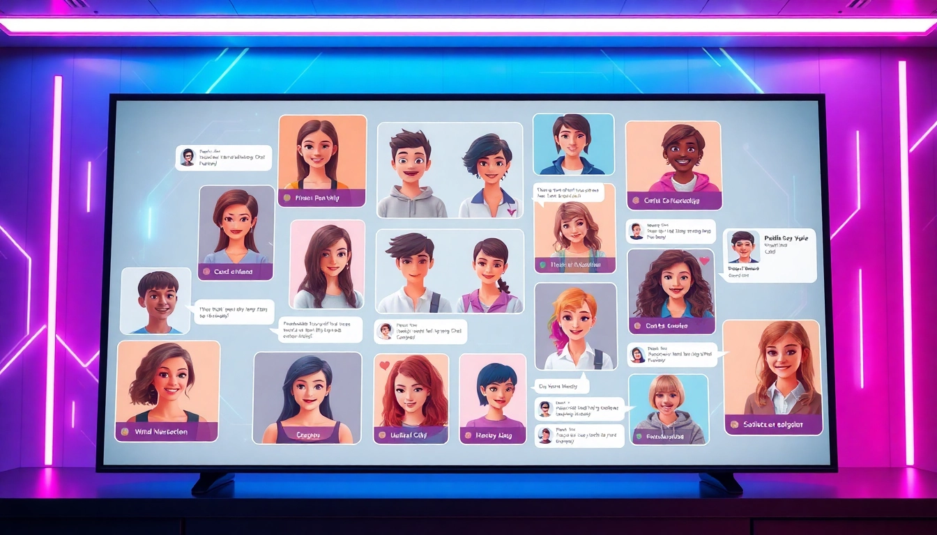 Futuristic digital interface displaying customizable AI characters engaged in chat conversations with neon accents and high-tech design.