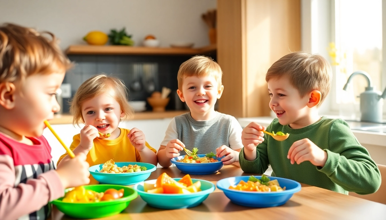 Children eating Alimenti sani per bambini using colorful silicone dishes in a bright kitchen