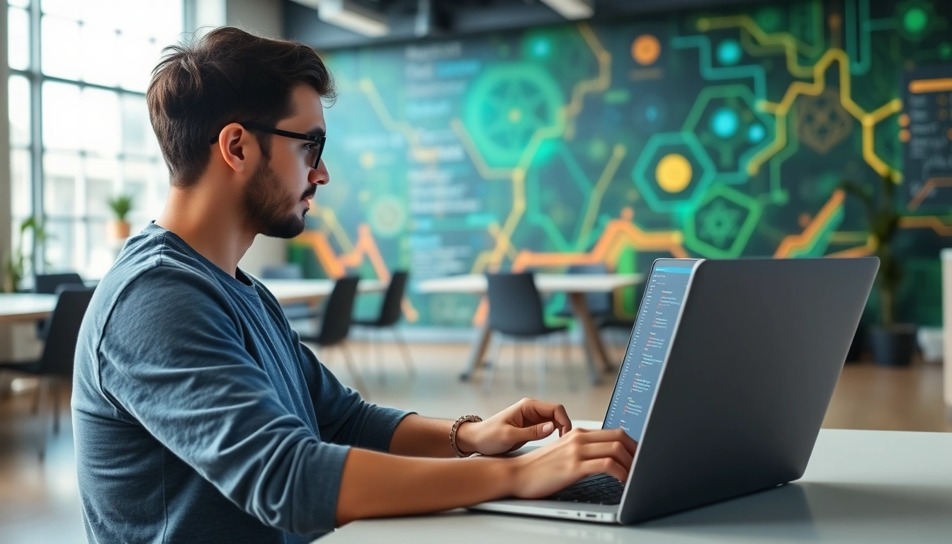 A freelance React developer coding on a laptop in a modern workspace to showcase remote tech