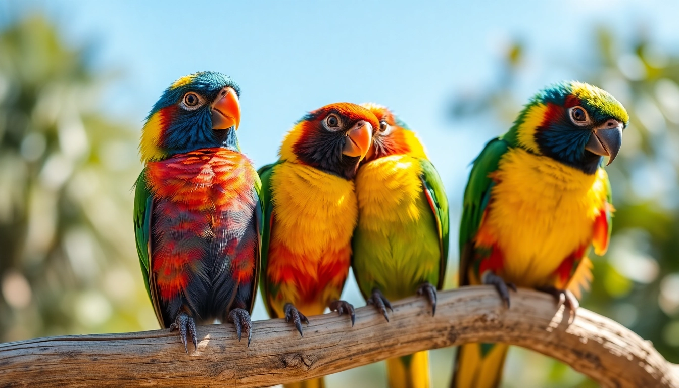 Vivid pet birds sitting on a branch showcasing their colorful feathers and playful behavior for