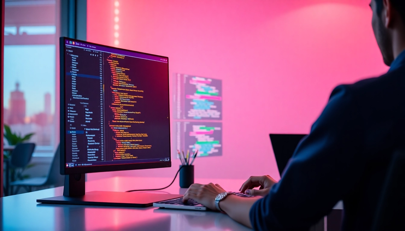 Freelance react developer working remotely on modern tech projects in a professional workspace