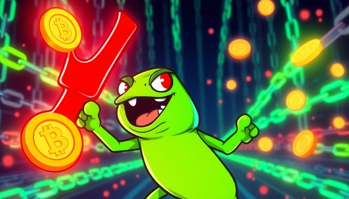 Animated Angry Pepe Fork mascot cracking a smile with blockchain symbols, representing