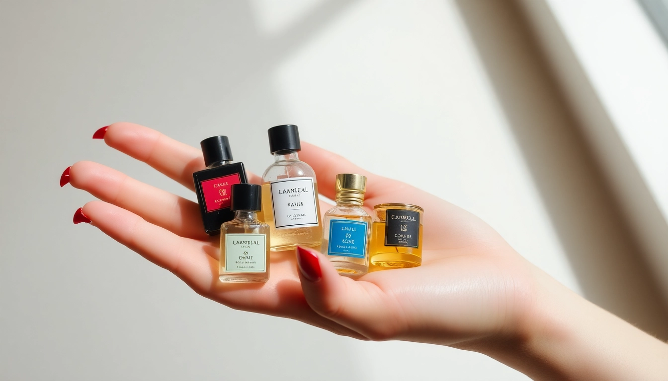 High-quality image showing a hand with parfumproben bestellen, featuring diverse perfume