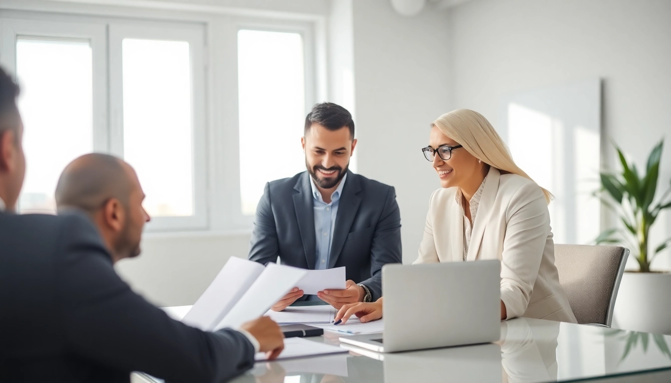 Professional team advising on creation de societes au maroc with documents and laptops in a