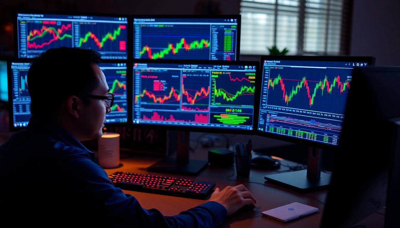 Trading view chart analysis for market trends by an experienced trader on multiple screens