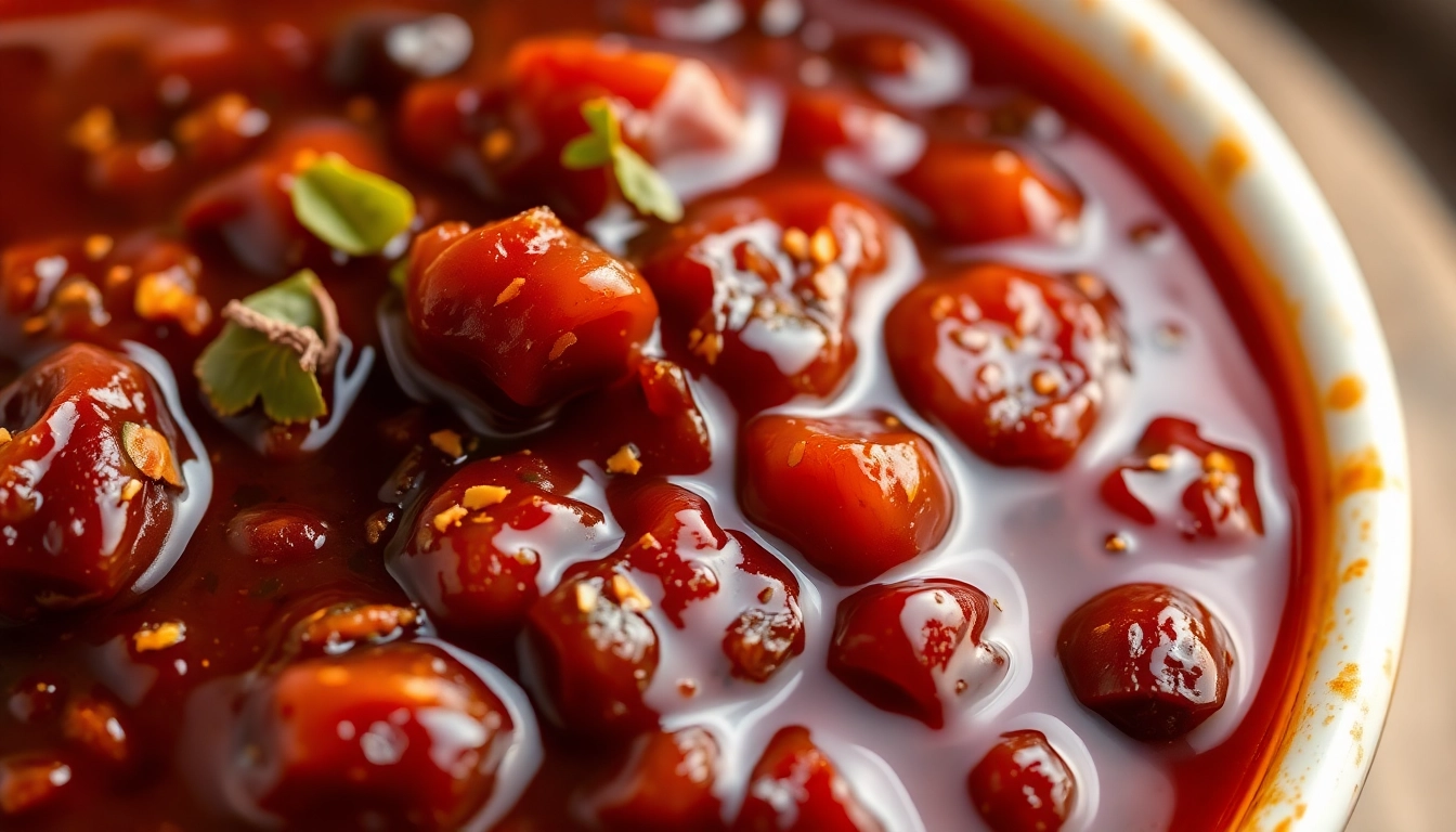 Sweet and tangy Date & Tamarind Chutney served in a traditional bowl garnished with herbs,