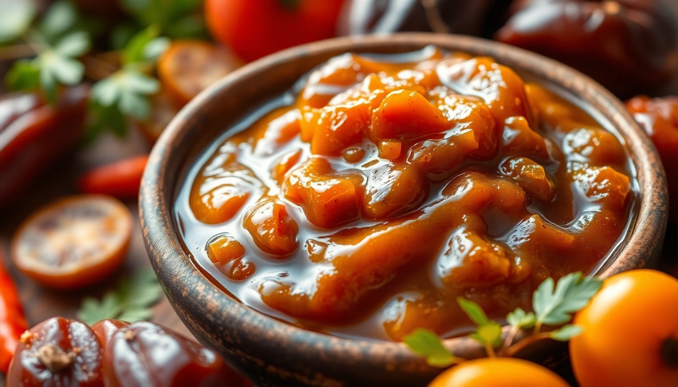 High-quality photo of Date and Tamarind Chutney in a bowl with fresh ingredients, highlighting